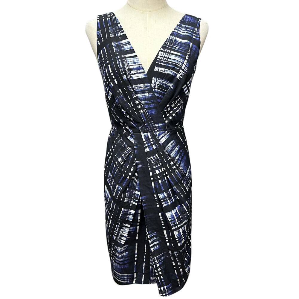 BANANA REPUBLIC US 2 Black Blue White Silk Blend Sleeveless V Neck Pleated Dress